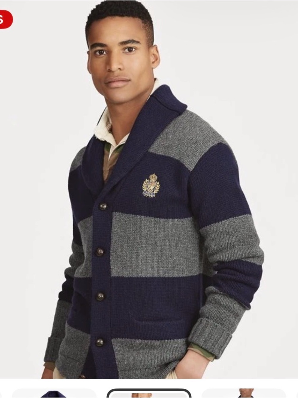 Polo Ralph Lauren Mens Navy Gray Striped Shawl-Collar Cardigan 100% Merino Wool - Picture 4 of 14